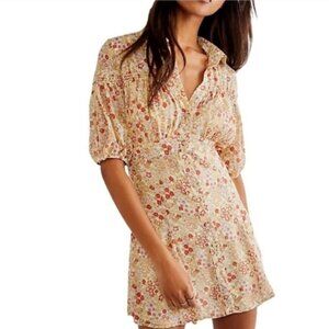Free People Women Floral Mini Dress With Puff Sleeves & Smocked Detail Size M